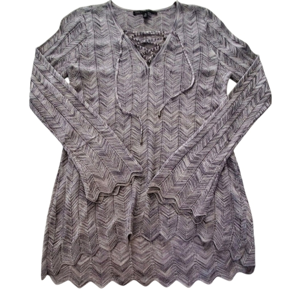 White House Black Market Gray Chevron Vneck Women's Tunic Lace Up Sweater Size M - Picture 1 of 7